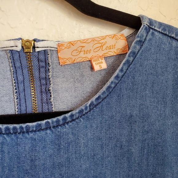 FREE HEART CHAMBRAY DENIM jean MINI DRESS SZ SM - Picture 2 of 5